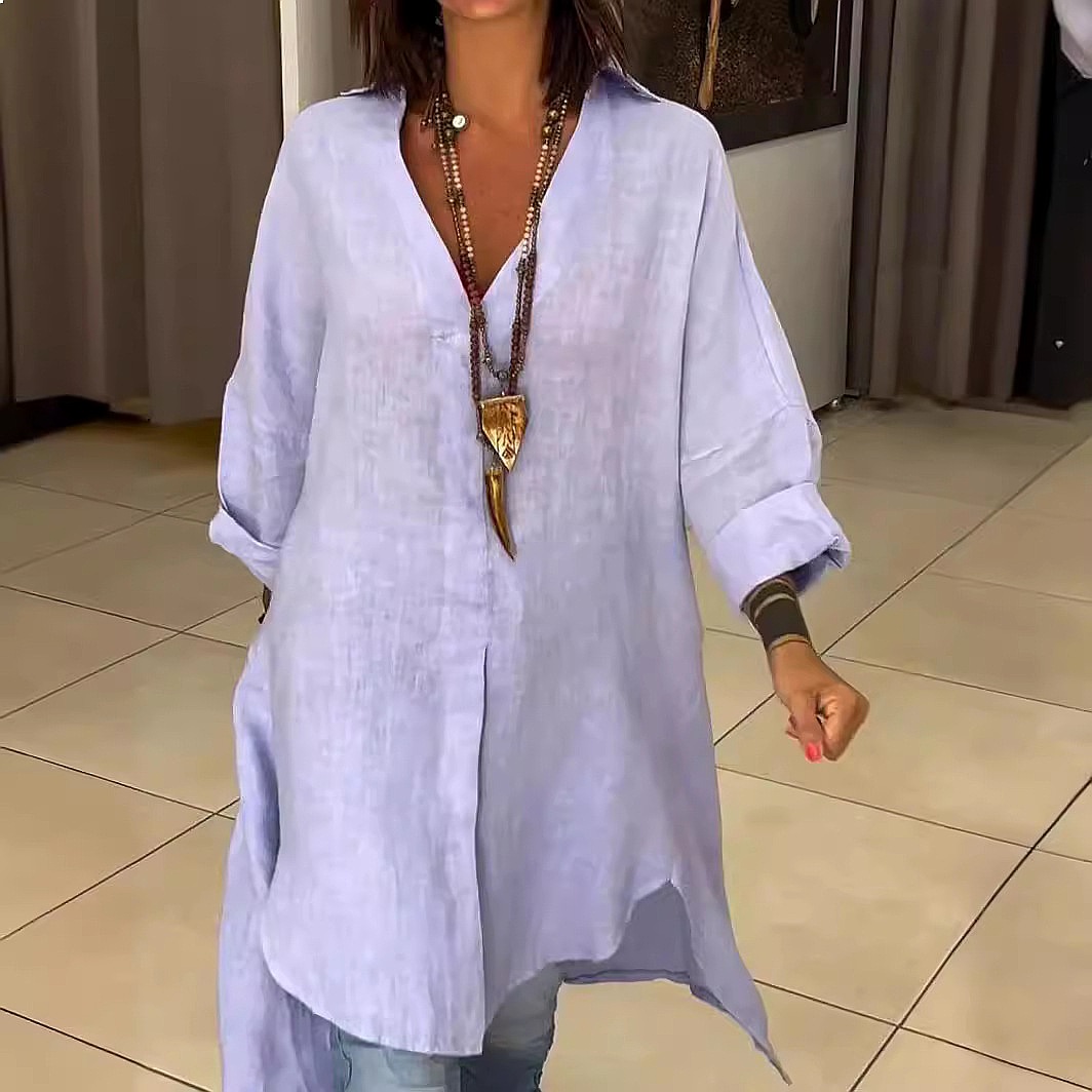 Casual Loose Linen Shirt Dress - Dames linnen overhemdjurk, losse casual blouse,