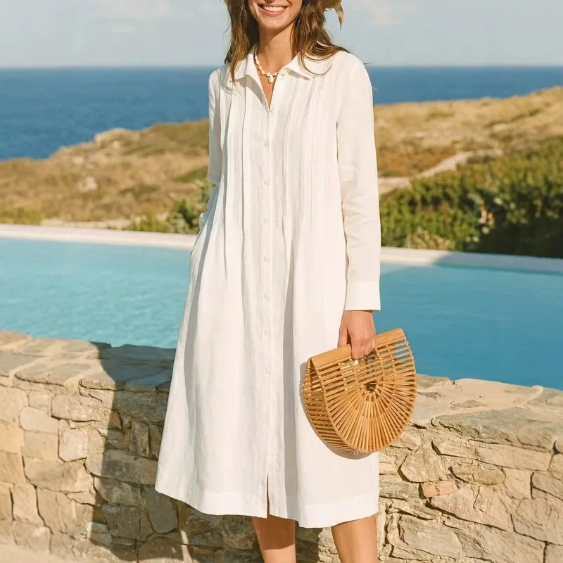 Europese effen lange jurk, los - Casual Loose Linen Shirt Dress recensie en prijs