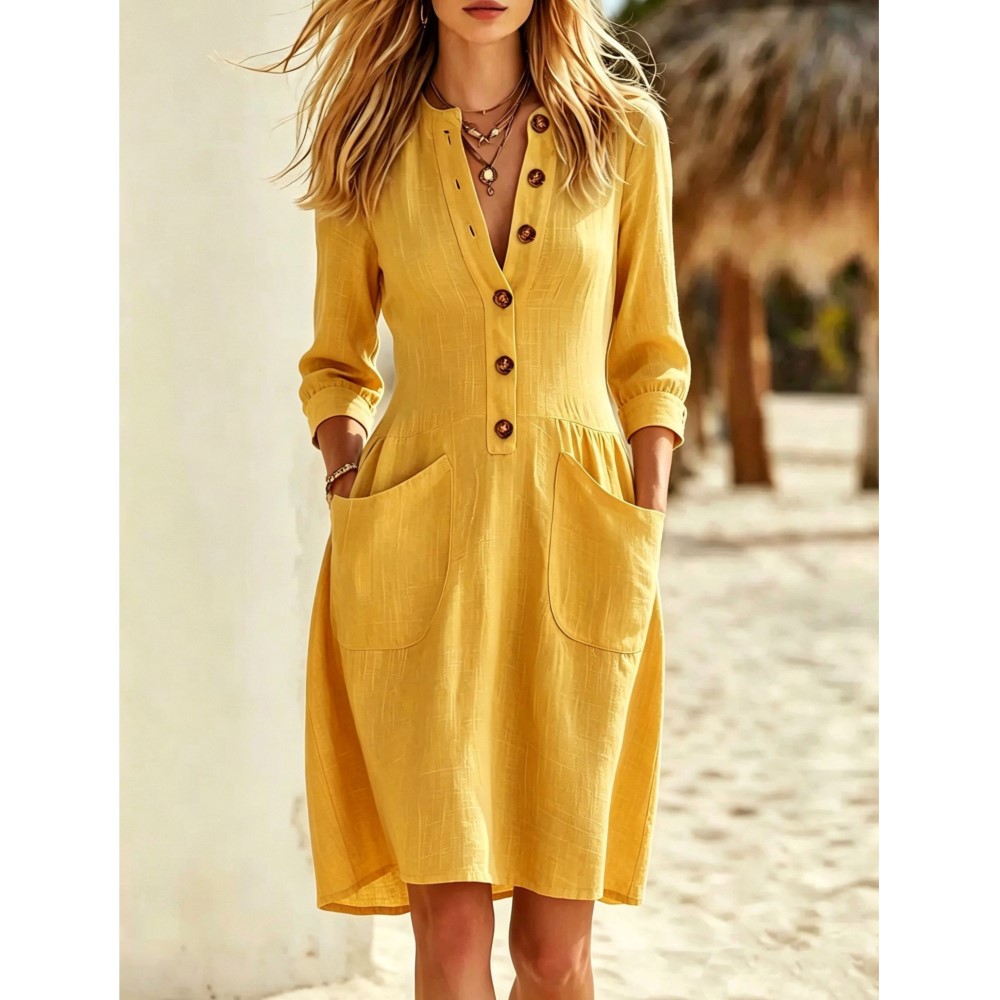 Mode Imitatie Knopen Linnen V- - Casual Loose Linen Shirt Dress recensie en prijs